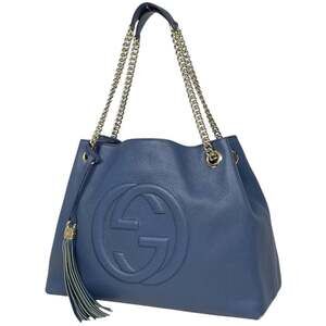 Gucci Soho Chain Shoulder Bag, Tote Fringe, Interlocking G, Leather, Blue, 53...